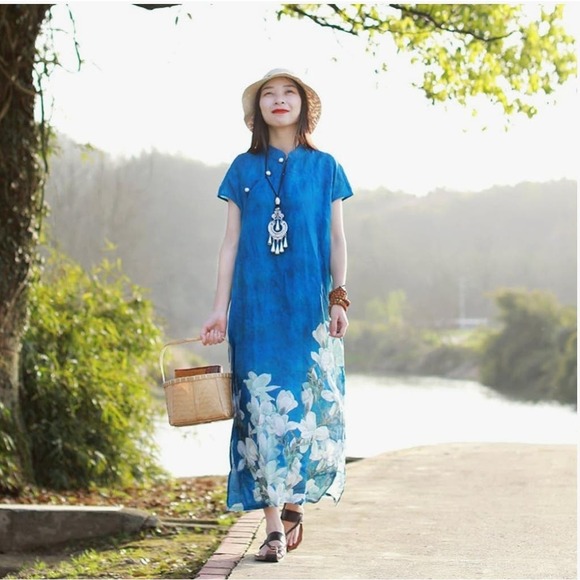 Chinese Style Long Dress with Magnolia Flower Print Blue Size Large High Neck - Picture 6 of 11